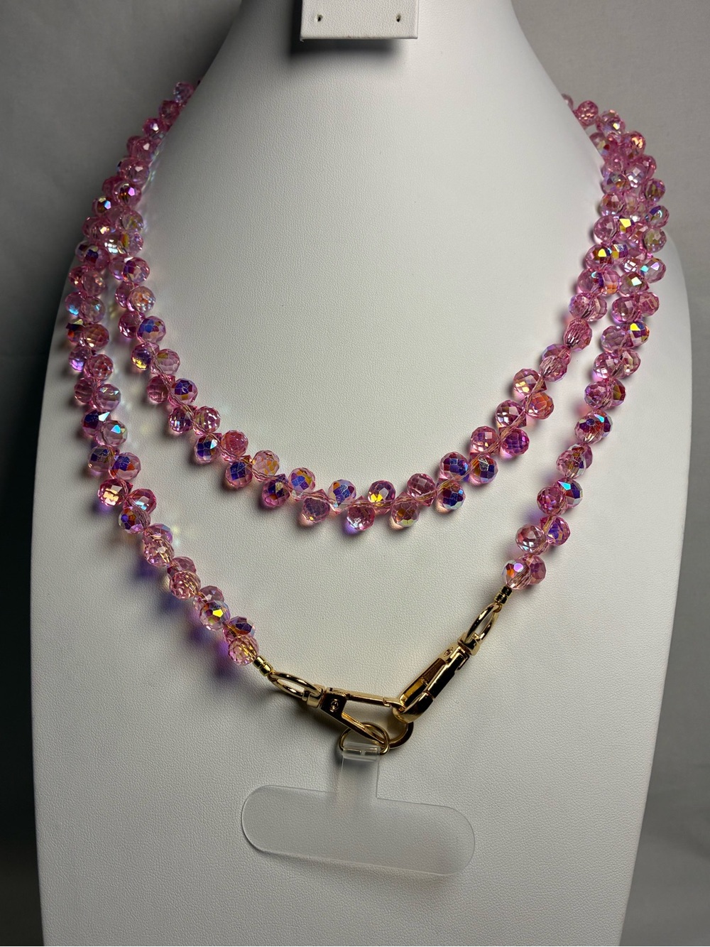 Pink Crystal Bead Phone Lanyard Crossbody Purse Strap with Gold Hardware